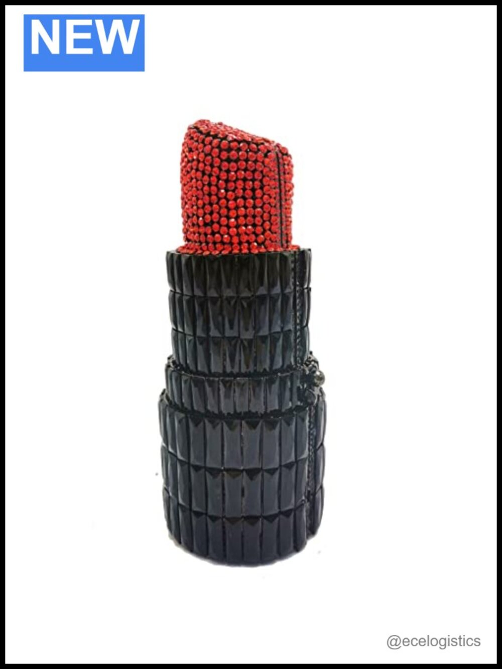 Rhinestone Evening Clutch Lipstick Shape Faux Leather Handbag Magnetic Snap